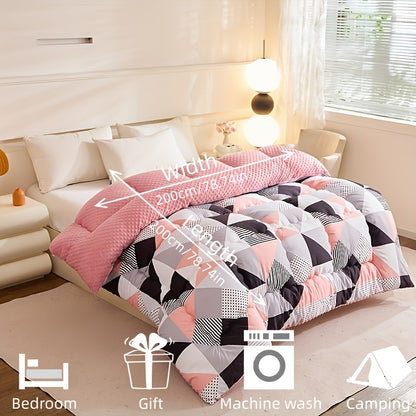 1pc Pink and Black Geometric Triangle Floral Pattern, Skin-Friendly Pea Coat Lining, High-Rebound Filling, Suitable for Autumn/Winter Use in Bedrooms, Guest Rooms, Offices, Travel, and as a Gift - Thick Quilt