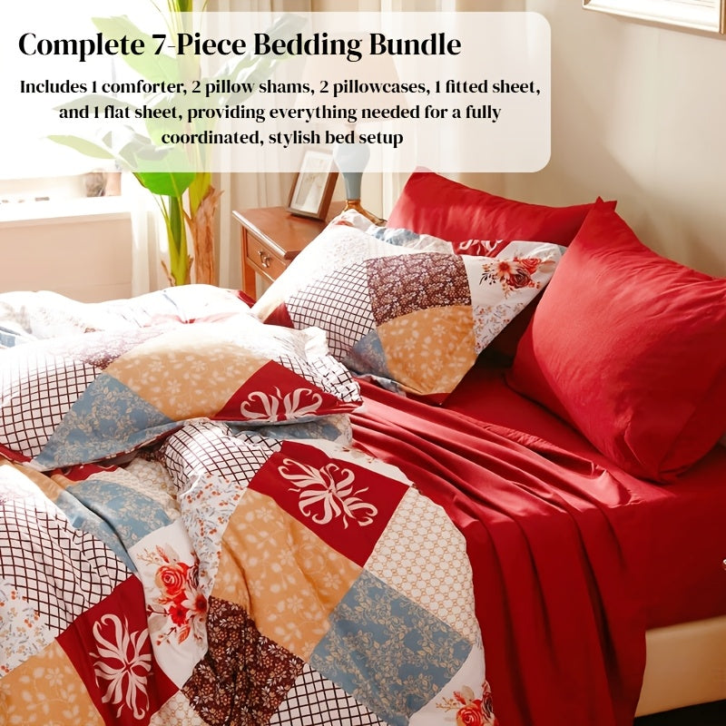 King Size Comforter Set- 7pcs Boho Bed In A Bag Queen Size Include 1 Patchwork Down Alternative Quilt & 1 Flat Sheet & 1 Fitted Sheet In 16" Deep Pockets & 2 Pillowcase & 2 Printed Pillow Shams, Bedding Sheet Set For All Seasons, Machine