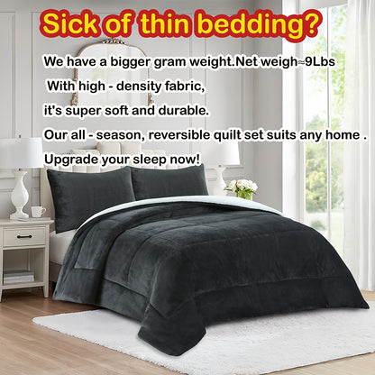 3pcs Ultra Soft Micromink Sherpa Comforter Set, Fluffy Winter Quilt for Cozy Warmth Machine Washable And Plush Reversible Comforter with 2 Pillowcases, Queen/King Size