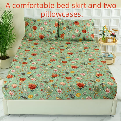 3pcs Fitted Sheet Set, Includes One Comfortable and Breathable Fitted Sheet and Two Pillowcases (pillow Inserts Not Included). Suitable for All Seasons, Featuring a Fresh Pea Green Base Adorned with Vibrant Red and Pink Blossoms. The Intertwined