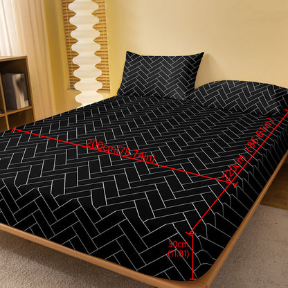 1pc Brushed Fitted Sheet, Soft Comfortable Geometric Pattern Bedding Fitted Sheet, for Bedroom, Guest Room, with Deep Pocket, Fitted Bed Sheet Only, Without Pillowcase