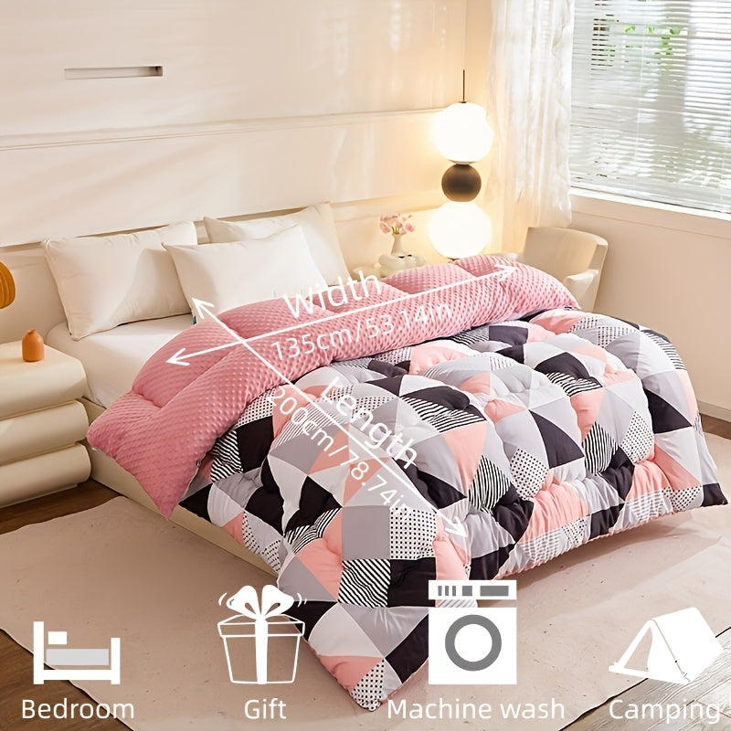 1pc Pink and Black Geometric Triangle Floral Pattern, Skin-Friendly Pea Coat Lining, High-Rebound Filling, Suitable for Autumn/Winter Use in Bedrooms, Guest Rooms, Offices, Travel, and as a Gift - Thick Quilt
