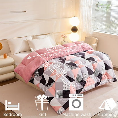 1pc Pink and Black Geometric Triangle Floral Pattern, Skin-Friendly Pea Coat Lining, High-Rebound Filling, Suitable for Autumn/Winter Use in Bedrooms, Guest Rooms, Offices, Travel, and as a Gift - Thick Quilt