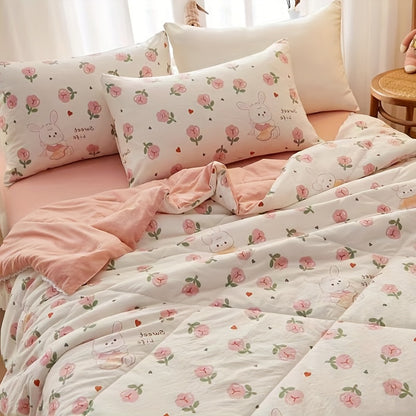 1pc Cute Rabbit & Rose Bedspread - Summer Quilt with Tassel Lace Edges, Super Soft Washed Fabric, Charming Rabbit & Floral Design, Machine Washable Thin Bed Cover for Room,, or Cozy Bedding Accent - Easy Care & Durable