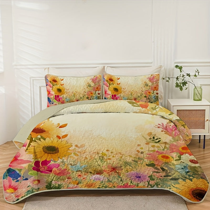 Sunflower Meadow Pattern Quilt Set (1 Quilt +1/2 Pillowcases, Without Fillers) Easy Care, Hypoallergenic Feature Bedspread Coverlet | Soft, Breathable & Machine Washable | Perfect for Men/Women in Dorms/Hotels (Full/Queen/King)