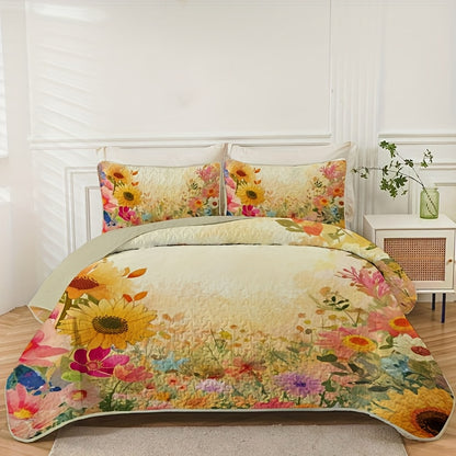 Sunflower Meadow Pattern Quilt Set (1 Quilt +1/2 Pillowcases, Without Fillers) Easy Care, Hypoallergenic Feature Bedspread Coverlet | Soft, Breathable & Machine Washable | Perfect for Men/Women in Dorms/Hotels (Full/Queen/King)