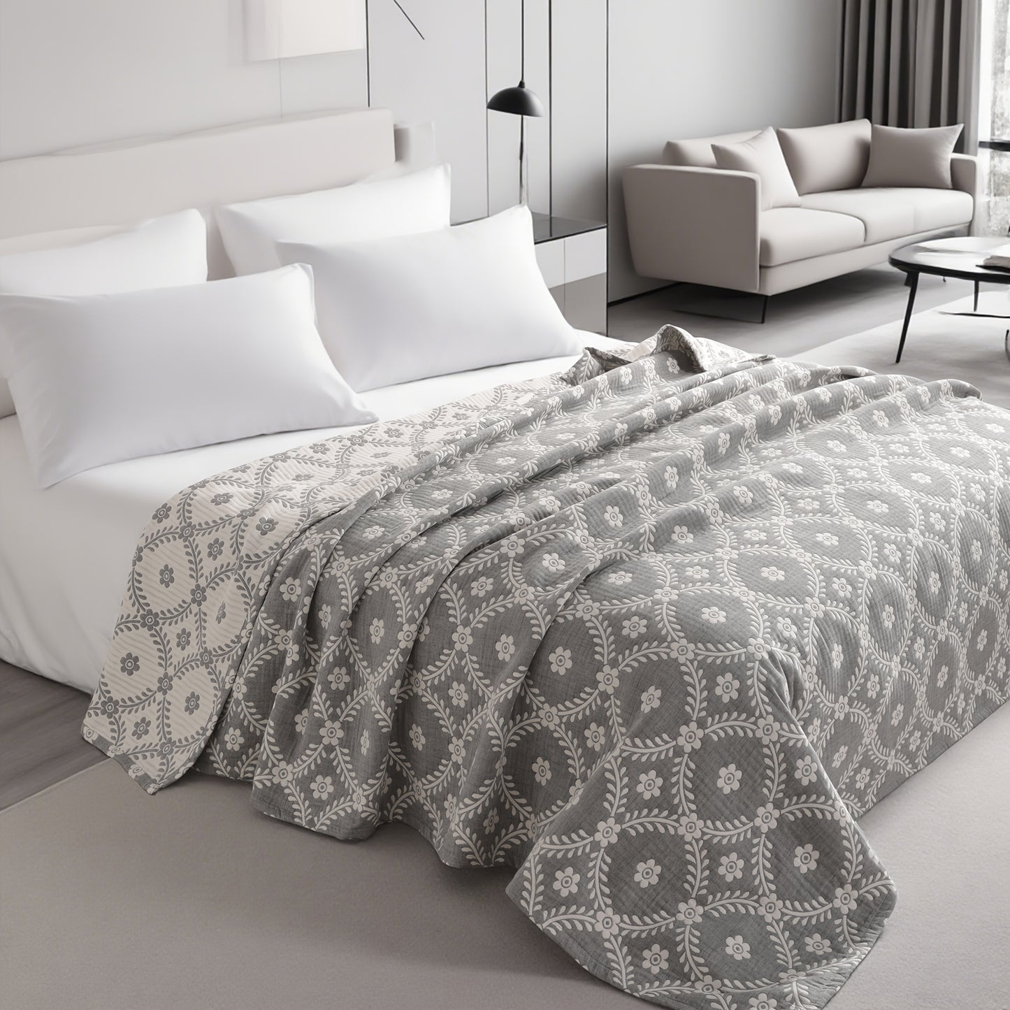3 Layers Egyptian Cotton Muslin Bed Blanket, Breathable Yarn Dyed Quilt Perfect for Couch, Bed, Office and Travel, Perfect Lightweight Blanket for All Seasons