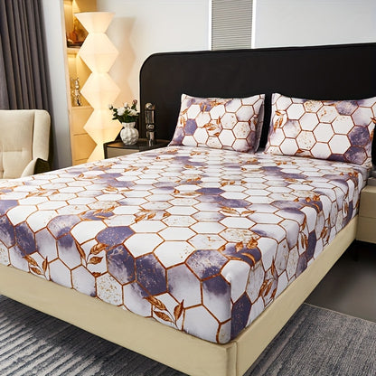 Ocean-Themed Geometric Grid Pattern Printed Fitted Sheet Set, Featuring High-End 3D Pattern Dyeing, Soft And Skin-Friendly, Stylish Designs, Available in Various Colors, Machine Washable