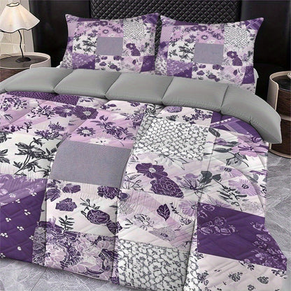 Latacaca 3pcs Patchwork Floral Quilt Set Purple Pattern Bed Cover Set Elegant Bedding Set 1 Quilt + 2 Pillowcases Holiday Gift Idea for Merry Christmas Winter Season
