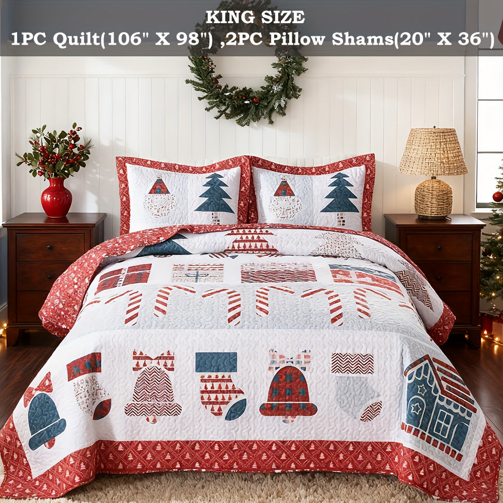 3pcs Queen/King Size Christmas Quilt Set with Bedspread, Comforter & Throw Blanket - Rustic Lodge Deer Bedding Ensemble, Quilted Snowman Deer & Snowflake Pattern, Machine Washable Bedspread Coverlet (Queen/King, Fill)