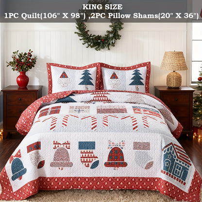 3pcs Queen/King Size Christmas Quilt Set with Bedspread, Comforter & Throw Blanket - Rustic Lodge Deer Bedding Ensemble, Quilted Snowman Deer & Snowflake Pattern, Machine Washable Bedspread Coverlet (Queen/King, Fill)