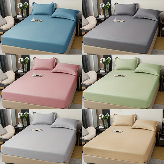 3pcs Skin-Friendly Solid Color Fitted Sheet Three-Piece Set (1 Fitted Sheet + 2 Pillowcases) Machine Washable Soft Fabric Close-Fitting And Comfortable 360° Full Coverage Non-Slip Mattress Protector