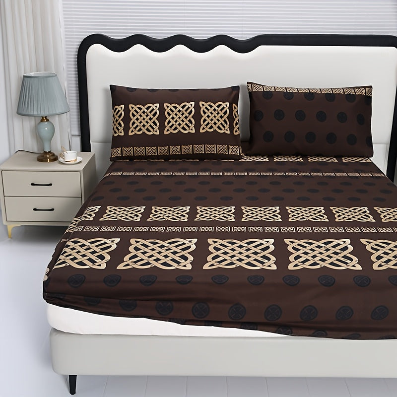 [Floral Hotel Bedroom Set] 3pcs Premium Brushed Fitted Sheet Set - Skin-Friendly/Comfortable/Geometric/Floral - Home/Hotel/Bedroom Use - Includes 1 Fitted Sheet + 2 Pillowcases - No Filling