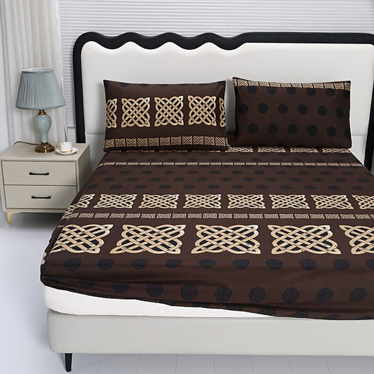 [Floral Hotel Bedroom Set] 3pcs Premium Brushed Fitted Sheet Set - Skin-Friendly/Comfortable/Geometric/Floral - Home/Hotel/Bedroom Use - Includes 1 Fitted Sheet + 2 Pillowcases - No Filling
