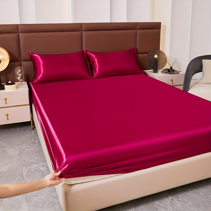 3pcs Cool But Not Icy Fresh Soft Smooth - Solid Color Satin 1pc Fitted Sheet And 1 Pair Pillowcases