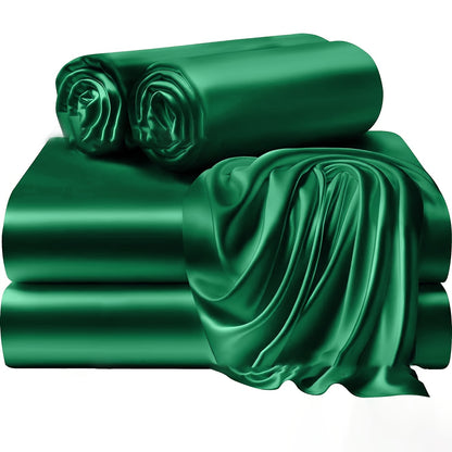 4pcs 100% Polyester 80G Satin Fitted Sheet Set [1 Fitted Sheet + 1 Flat Sheet + 2 Pillowcases (Without Inserts)] Soft Fabric Bedroom All-Season Versatile Style No Shrinkage No Pilling Machine Washable Light Luxury High-End Fitted Sheet Student Dormi
