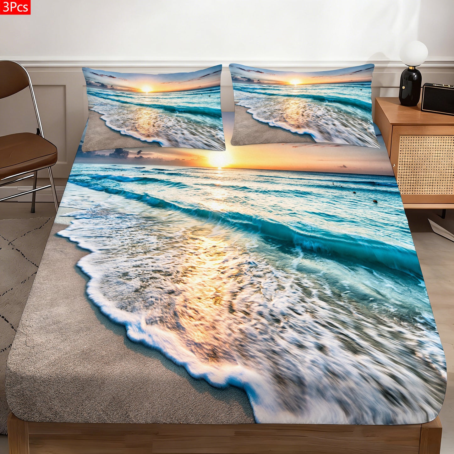 Sunrise Wave Beach Seaview 3pcs Fitted Sheet Set, 1 Fitted Sheet+2 Pillowcases No Insert, Skin-Friendly Breathable Mattress Protector, Soft Luxury All-Match Bedding for Home Bedroom Guest Room All Season