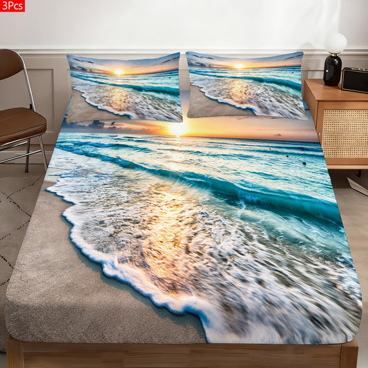 Sunrise Wave Beach Seaview 3pcs Fitted Sheet Set, 1 Fitted Sheet+2 Pillowcases No Insert, Skin-Friendly Breathable Mattress Protector, Soft Luxury All-Match Bedding for Home Bedroom Guest Room All Season