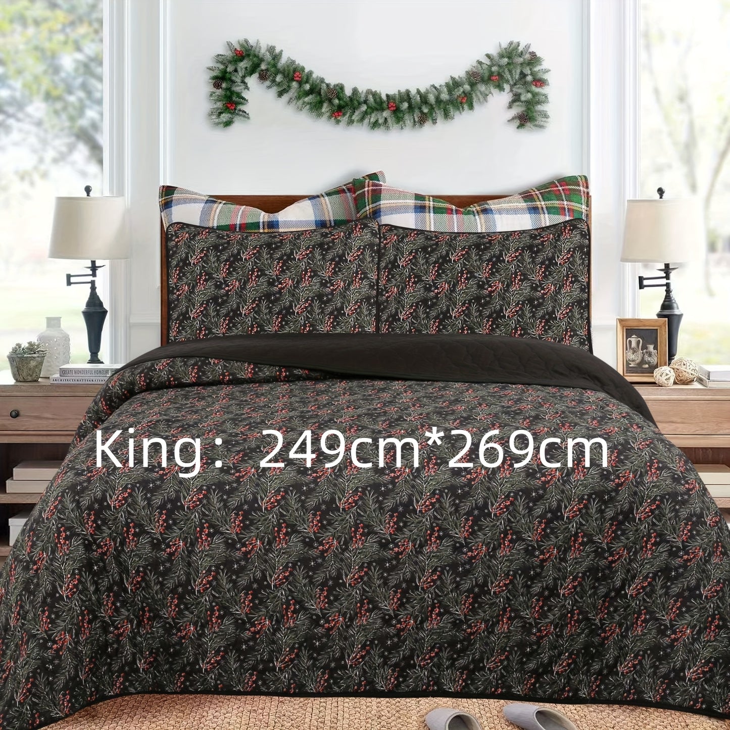 3pcs Queen/King Size Christmas Quilt Set with Bedspread, Comforter & Throw Blanket - Rustic Lodge Deer Bedding Ensemble, Quilted Snowman Deer & Snowflake Pattern, Machine Washable Bedspread Coverlet (Queen/King, Fill)