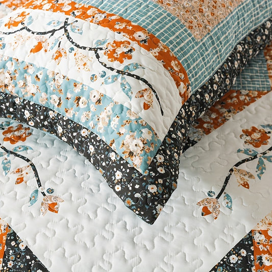 3pcs Farmhouse Cotton Quilt Comforter Set, Lightweight Floral Full Queen King Oversized Quilt Bedding Set With 2 Pillow Shams, Blue Garden Style Floral Bedspread Coverlet Set For Bed Decorations - All Seasons, (90 X 98 Inch) (98 X 106 Inch)