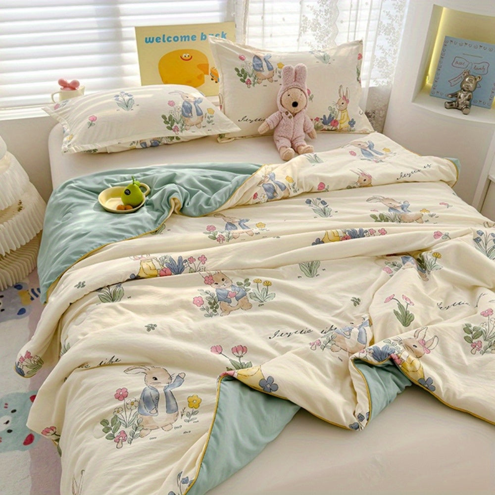 [Rabbit Blanket Summer Quilt] Rabbit Sweet Pattern Printed Thin Blanket Summer Sleeping Quilt, Soft And Breathable, Cute Rabbit Pattern, Double-Sided Design, Lightweight And Comfortable, All Seasons Thin Blanket, Machine Washable