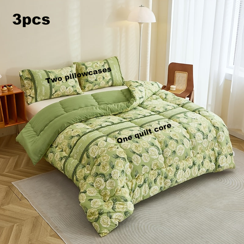 3pcs Fresh Green Rose Floral Set/Active Printing Technology/Multi-Directional Fixed Quilting/High Rebound Polyester Fiber Filling/Softer And Fluffier Feel/Suitable for Year-Round Use in Bedrooms, Guest Rooms, Dormitories