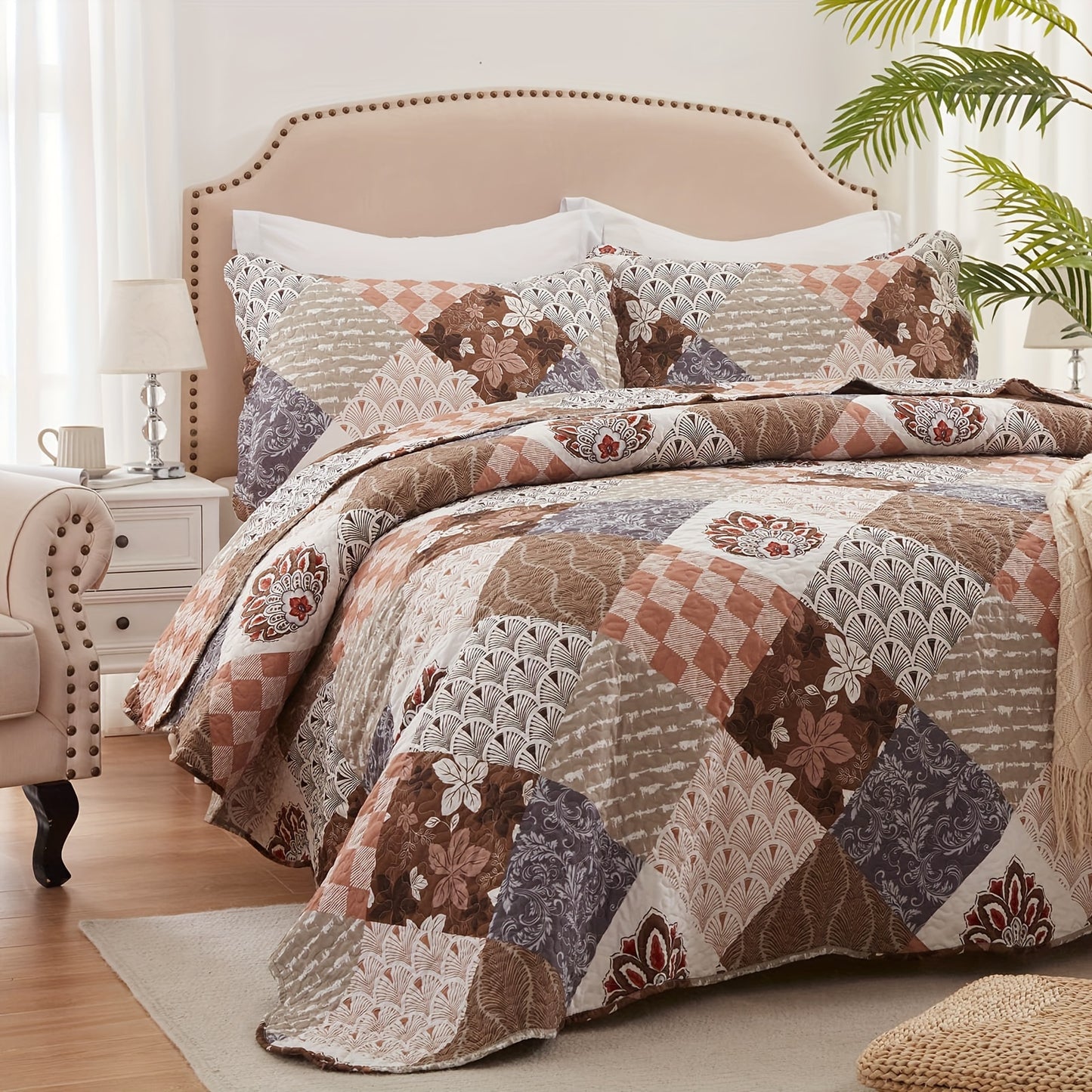 Twin, Queen And King Size Quilt Set - Brown, Grey, Blue And Purple Reversible Bedspread with 1-2 Pillow Shams - Soft Lightweight Oversized Coverlet - Warm Patchwork Bed Cover for All Seasons