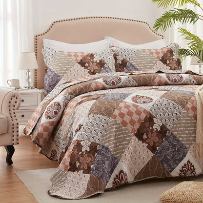 Twin, Queen And King Size Quilt Set - Brown, Grey, Blue And Purple Reversible Bedspread with 1-2 Pillow Shams - Soft Lightweight Oversized Coverlet - Warm Patchwork Bed Cover for All Seasons