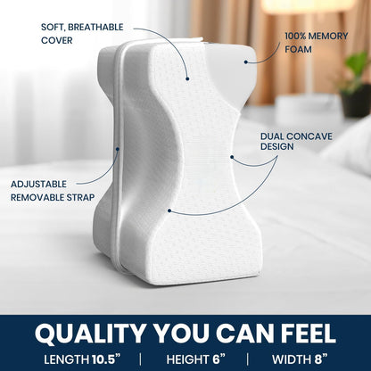 Everlasting Comfort Memory Foam Knee Pillow Suitable for Side Sleepers - Sciatica Pillow Adjustable Strap - Used for Alignment, Knee, Back, And Hip Cushion