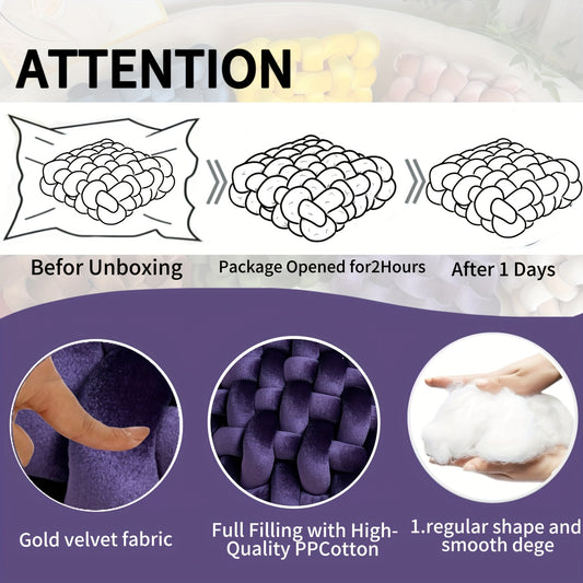 2pcs Set Golden Velvet Hand- Knotted Square Decorative Pillows, Knotted Floor Pillows, Suitable for Living Room Bay Window, Bedroom, Office, Sofa, Chair, Bed