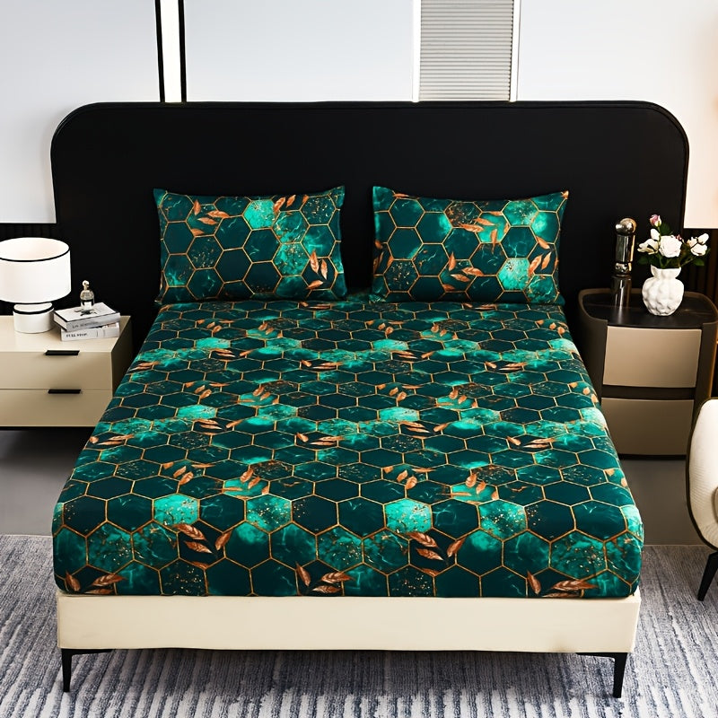 Ocean-Themed Geometric Grid Pattern Printed Fitted Sheet Set, Featuring High-End 3D Pattern Dyeing, Soft And Skin-Friendly, Stylish Designs, Available in Various Colors, Machine Washable