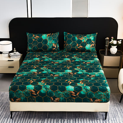 Ocean-Themed Geometric Grid Pattern Printed Fitted Sheet Set, Featuring High-End 3D Pattern Dyeing, Soft And Skin-Friendly, Stylish Designs, Available in Various Colors, Machine Washable