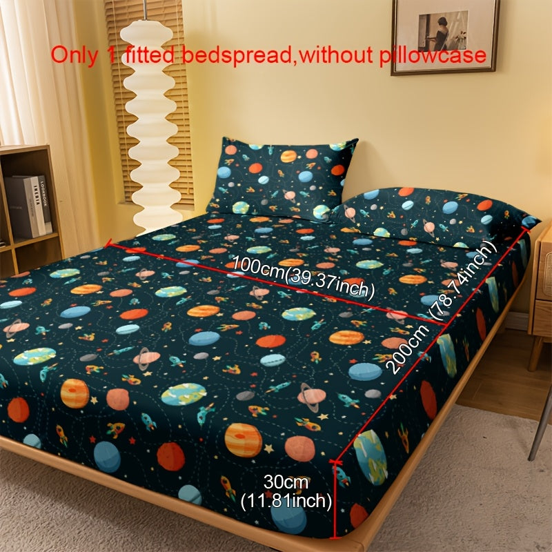 1pc Minimalist Modern Planet Spaceship Print Brushed Fitted Sheet, Printed Bedspread for Bedroom, Bedding Set (Pillowcases Not Included)