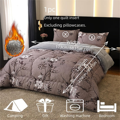 1pc/Warm Plush Thick Quilt/Printed Floral Series Warm Plush Thick Quilt Features a Dark Gray-purple Color Scheme with White Floral and Dark Brown Branch and Leaf Patterns, Exuding an Exquisite, Elegant, and Romantic Pastoral Charm