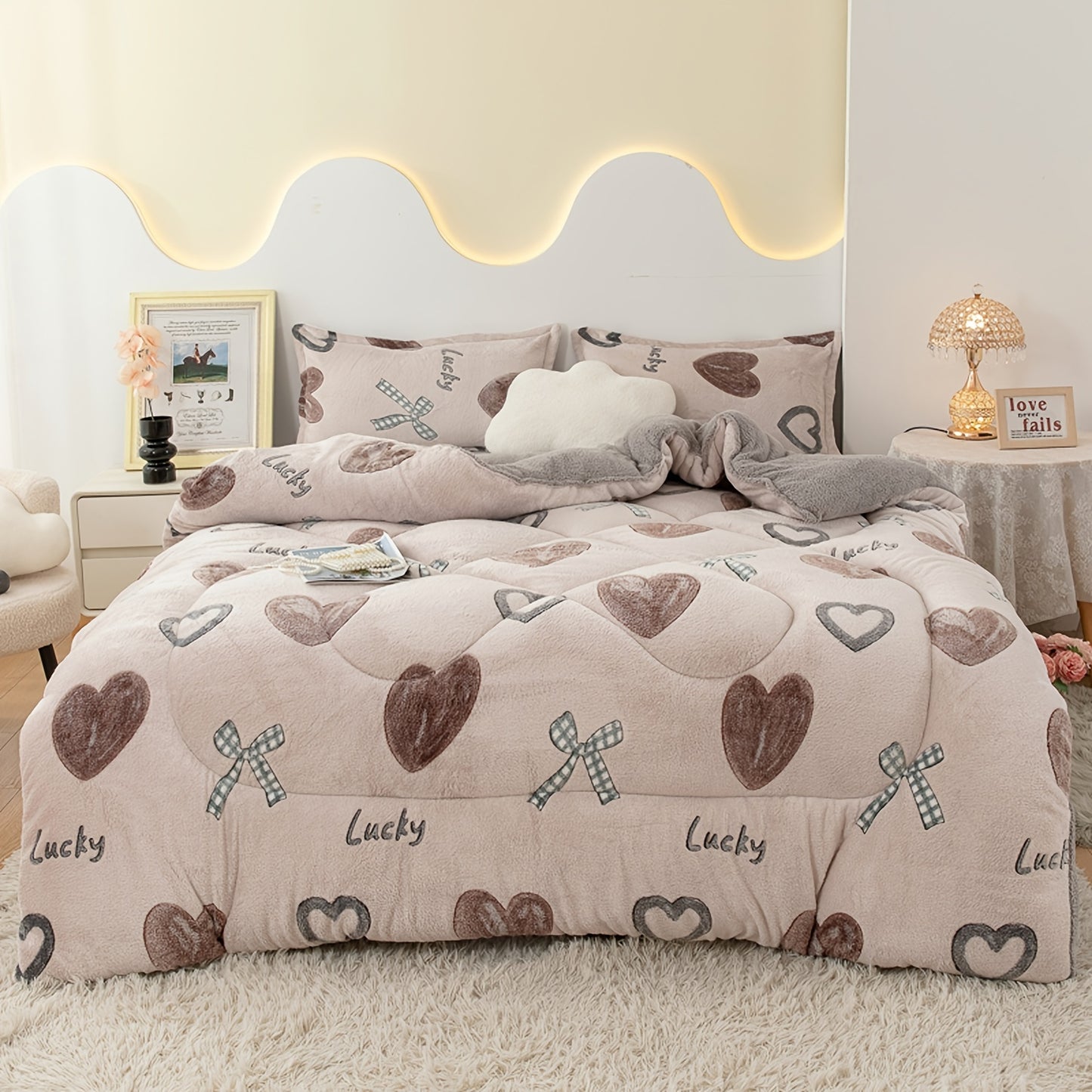 [Warm Winter Quilt] 1pc Soft and Comfortable Sweetheart Bow Sweet Snowflake Velvet Warm Winter Quilt/Duvet Insert, Polyester Fiber Fabric, Suitable for Bedroom and Guest Room Bedding