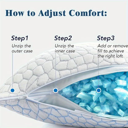 1pc Cooling Pillow with Adjustable Height & - Bed Pillow for Side/Back/Stomach Sleepers, Thermoregulating Technology, Removable & Washable Cover, Dual-Layer Cooling & Bamboo Rayon Side, Modern Bed Pillow for Hot Sleepers, All-Season Use, Machine