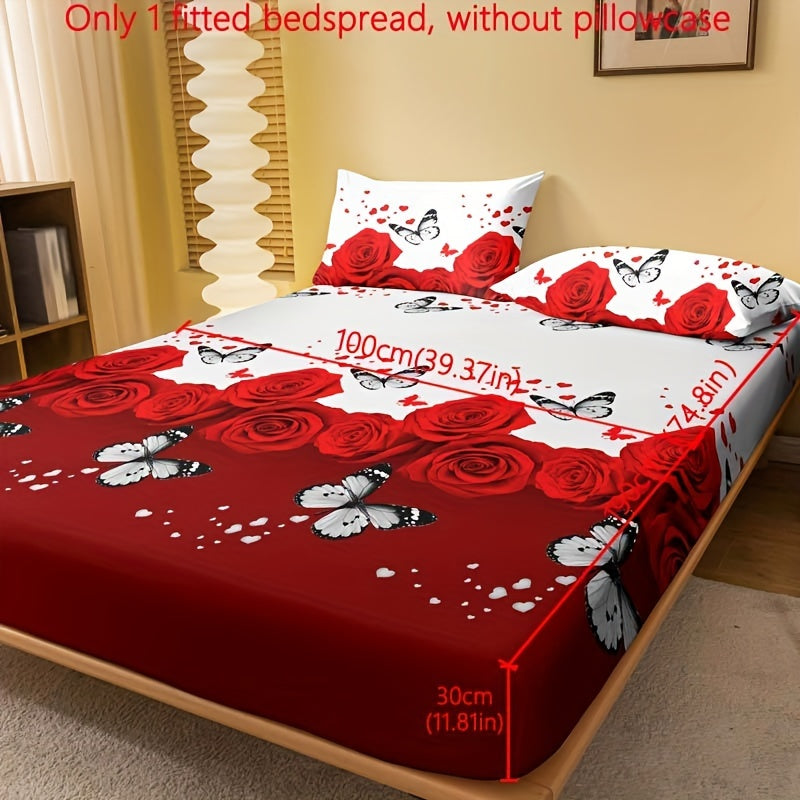 1pc Brushed Fitted Sheet, Soft Comfortable Butterfly Floral Print Bedding Fitted Sheet, for Bedroom, Guest Room, with Deep Pocket, Fitted Bed Sheet solely, Without Pillowcase