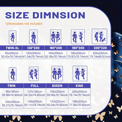 1pc Golden-Infused Blue Butterfly Pattern Printed Brushed Fitted Sheet, Printed Bedspread, Mattress Cover, Mattress Protector, Protective Cover for Bedding, Pillowcases Not Included