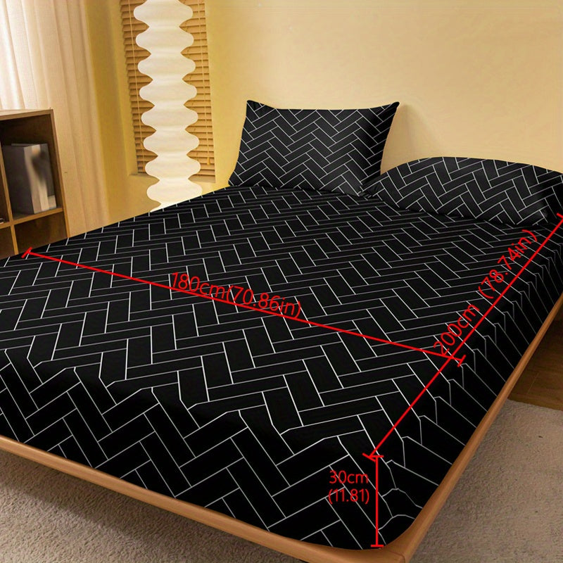 1pc Brushed Fitted Sheet, Soft Comfortable Geometric Pattern Bedding Fitted Sheet, for Bedroom, Guest Room, with Deep Pocket, Fitted Bed Sheet Only, Without Pillowcase