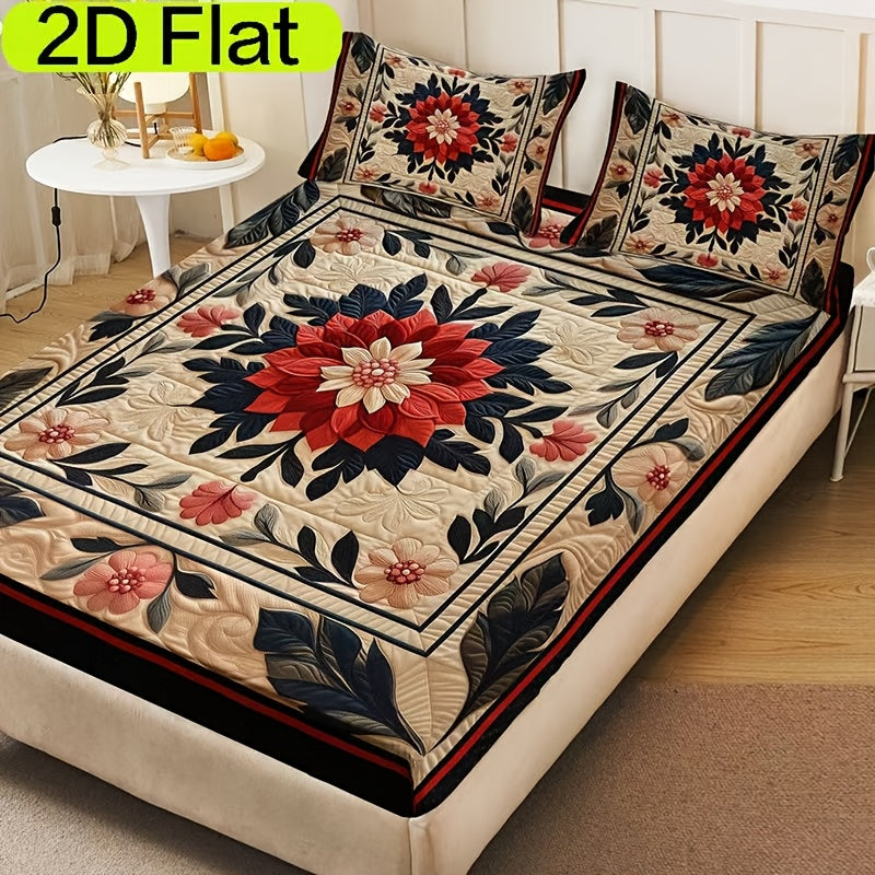 2/3pcs Exquisite Floral 2D Flat Print Fitted Sheet Set, 1 Fitted Sheet + 1/2 Pillowcases (Pillow Inserts Not Included), HD Printed Bed Sheets for Home and Dormitory, 2D Flat