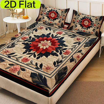 2/3pcs Exquisite Floral 2D Flat Print Fitted Sheet Set, 1 Fitted Sheet + 1/2 Pillowcases (Pillow Inserts Not Included), HD Printed Bed Sheets for Home and Dormitory, 2D Flat