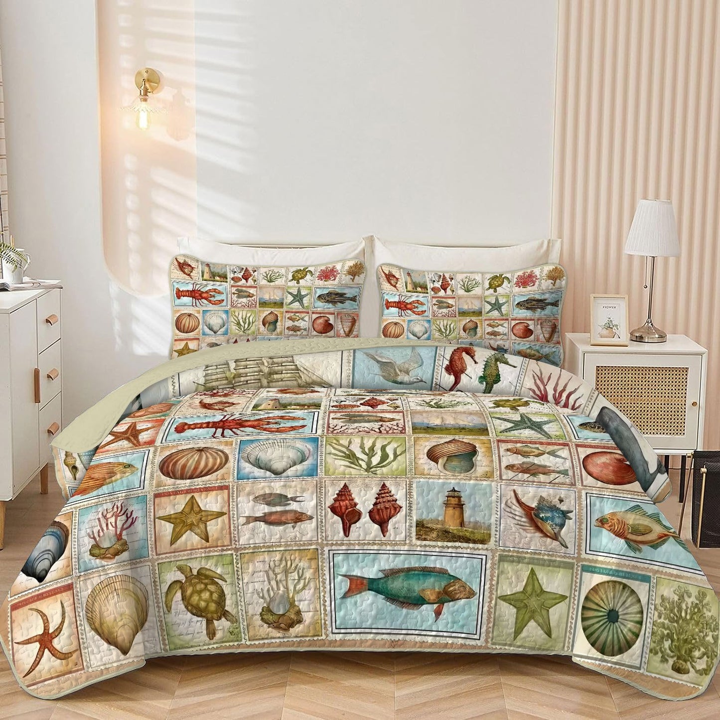 Coastal Design • Coral, Shell, Ocean Life Digital Print Pattern • Bedding • European King/Full/Queen/King • Machine Washable, Easy to Maintain • 3pcs Quilt Set