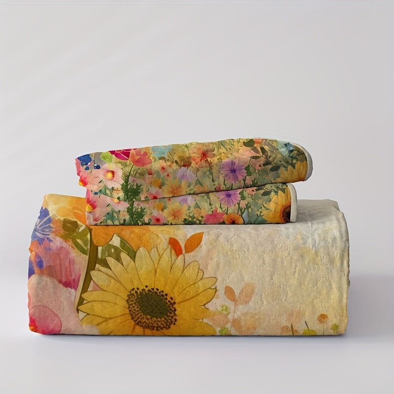 Sunflower Meadow Pattern Quilt Set (1 Quilt +1/2 Pillowcases, Without Fillers) Easy Care, Hypoallergenic Feature Bedspread Coverlet | Soft, Breathable & Machine Washable | Perfect for Men/Women in Dorms/Hotels (Full/Queen/King)