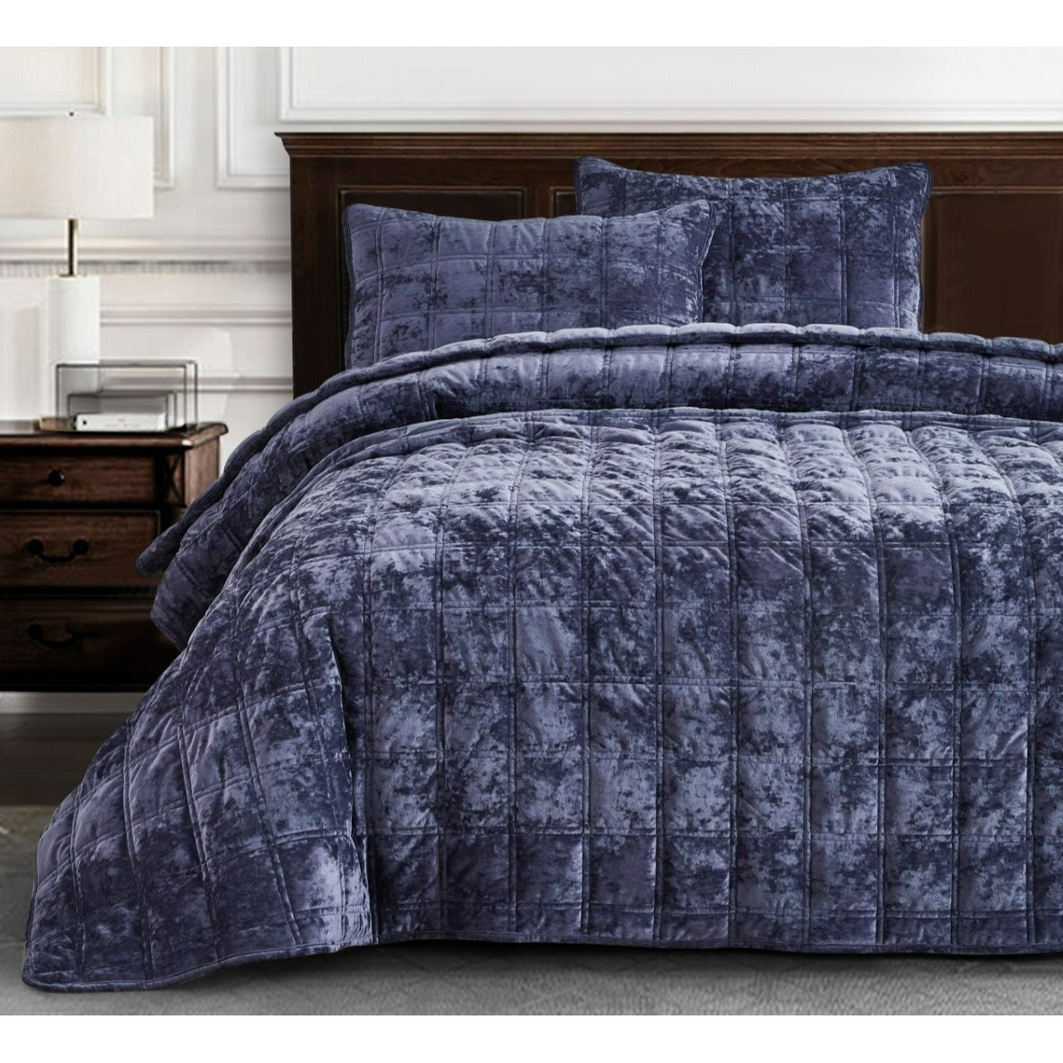 3-Piece Distressed Velvet Quilt Set, Piers Plush Velvet Bedspread Soft Washed Microfiber Reverse with Double Square Stitch Oversized King/King/Queen Size