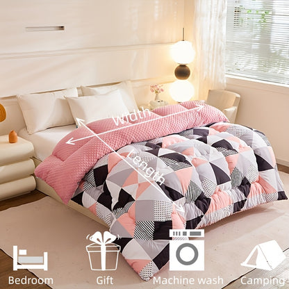 1pc Pink and Black Geometric Triangle Floral Pattern, Skin-Friendly Pea Coat Lining, High-Rebound Filling, Suitable for Autumn/Winter Use in Bedrooms, Guest Rooms, Offices, Travel, and as a Gift - Thick Quilt