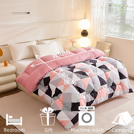 1pc Pink and Black Geometric Triangle Floral Pattern, Skin-Friendly Pea Coat Lining, High-Rebound Filling, Suitable for Autumn/Winter Use in Bedrooms, Guest Rooms, Offices, Travel, and as a Gift - Thick Quilt