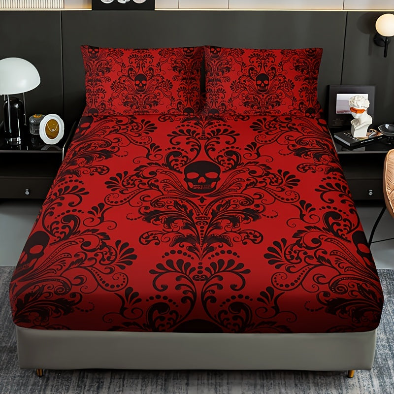 3pcs Fitted Sheet Set (1 Fitted Sheet + 2 Pillowcases, Pillow Core Not Included), Home Dormitory High-Definition Printed Skull Pattern