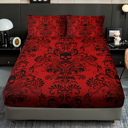 3pcs Fitted Sheet Set (1 Fitted Sheet + 2 Pillowcases, Pillow Core Not Included), Home Dormitory High-Definition Printed Skull Pattern