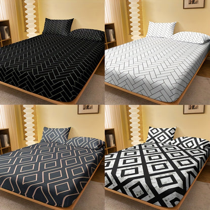 1pc Brushed Fitted Sheet, Soft Comfortable Geometric Pattern Bedding Fitted Sheet, for Bedroom, Guest Room, with Deep Pocket, Fitted Bed Sheet Only, Without Pillowcase