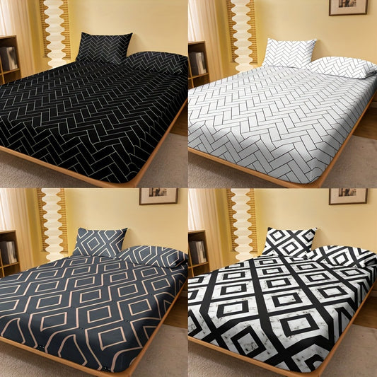 1pc Brushed Fitted Sheet, Soft Comfortable Geometric Pattern Bedding Fitted Sheet, for Bedroom, Guest Room, with Deep Pocket, Fitted Bed Sheet Only, Without Pillowcase